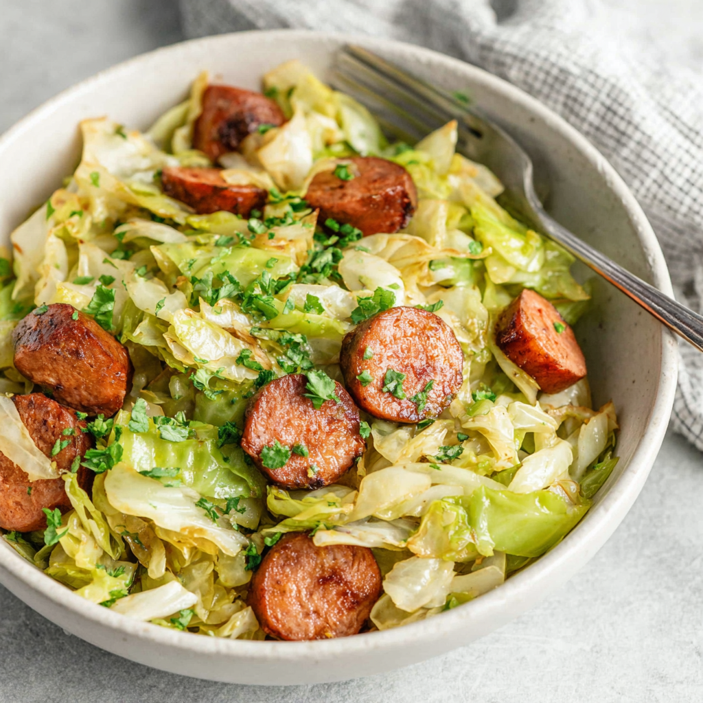 Sausage Cabbage Stir Fry Recipe (30 Min) Quick 30-minute sausage and cabbage stir fry is shown in a vibrant and appetizing close-up shot, highlighting the colorful vegetables and savory sausage.