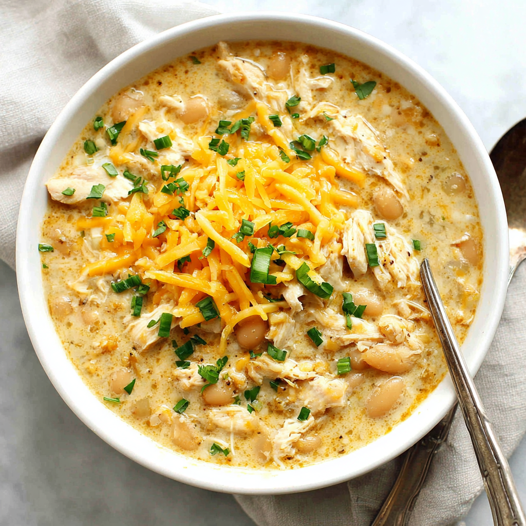 Easy white chicken chili close up showcasing the creamy texture and visible ingredients, highlighting the quick 30-minute preparation for a simple weeknight meal.