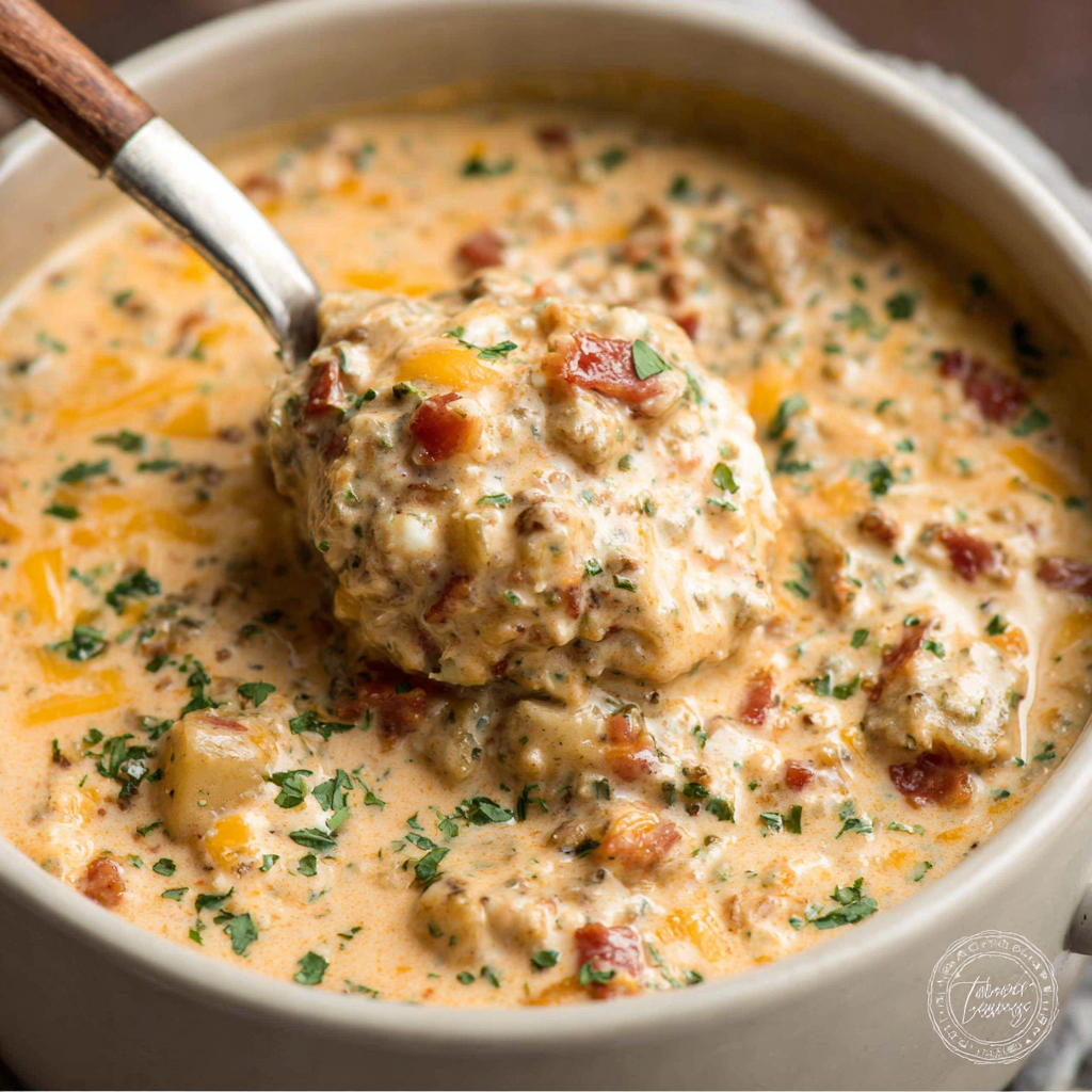 Creamy Crock Pot Crack Potato Soup is shown ready to be served in a content image accompanying the best recipe for this easy and delicious comfort food.