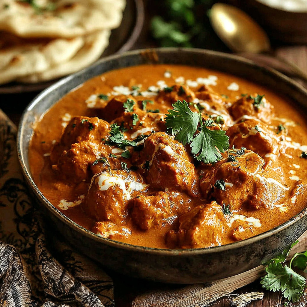 Easy and quick homemade butter chicken recipe image showing a close-up of the finished dish in a bowl.