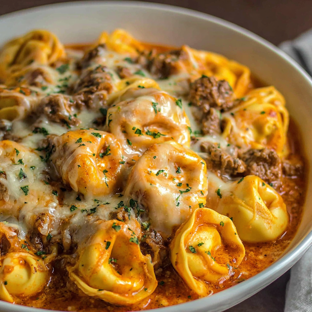 Cheesesteak tortellini in creamy provolone sauce is shown as another delicious way to enjoy this pasta dish.