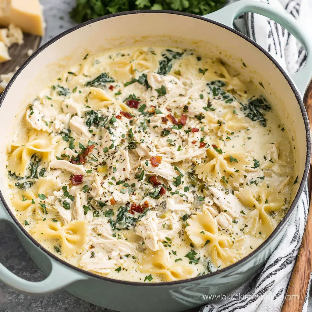 Creamy white chicken lasagna soup is pictured as a delicious second serving option.