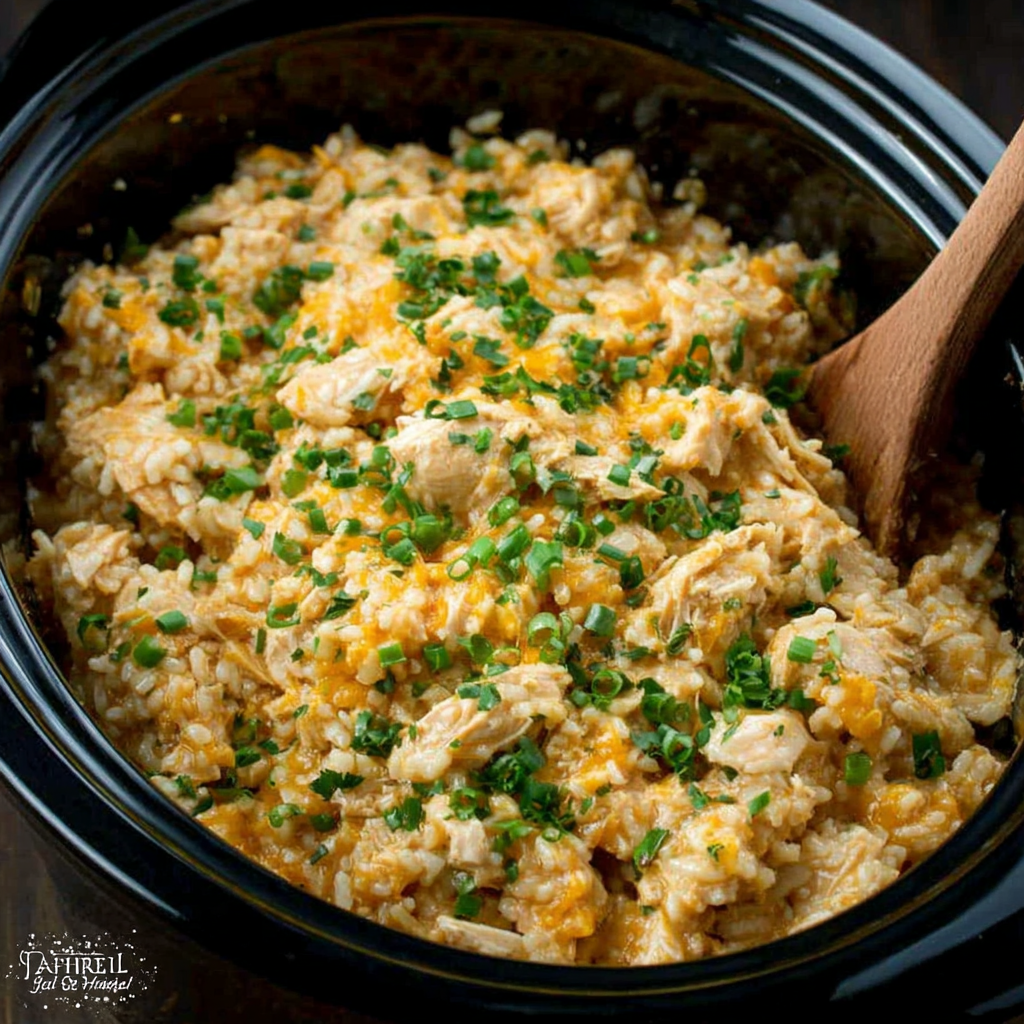 Creamy Cozy Chicken and Rice Crockpot Dinner is shown in a close-up second content image.