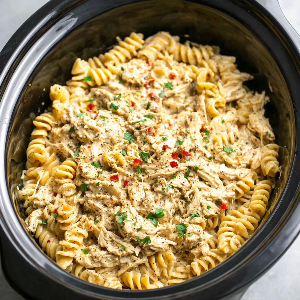 Crockpot garlic parmesan chicken pasta is easily prepared in a slow cooker for a simple weeknight dinner.