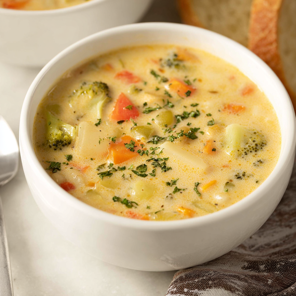 Easy Creamy Vegetable Soup second content image showcases a close-up of the soup's texture and ingredients.