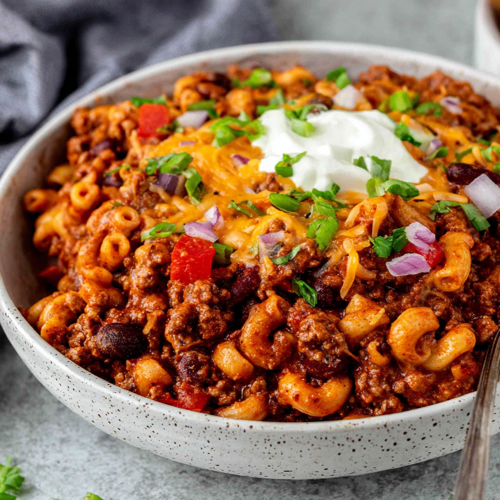 Easy crock pot cheddar chili mac dinner is ready to serve in a slow cooker, offering a convenient and delicious meal solution for busy weeknights.