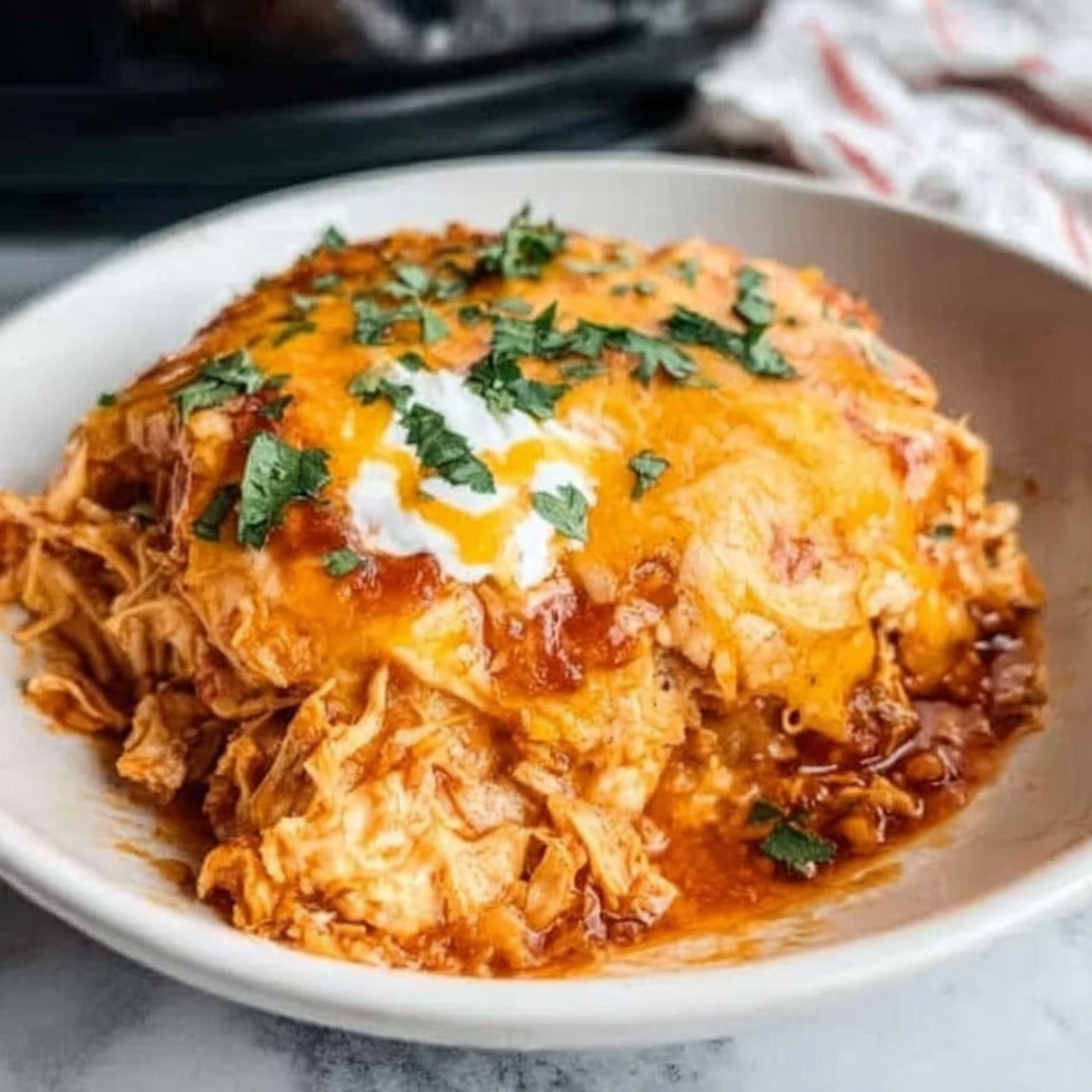 Crockpot Chicken Enchilada Casserole, Easy Easy crockpot chicken enchilada casserole is shown in a second content image, highlighting its delicious and cheesy layers, perfect for a simple weeknight meal.