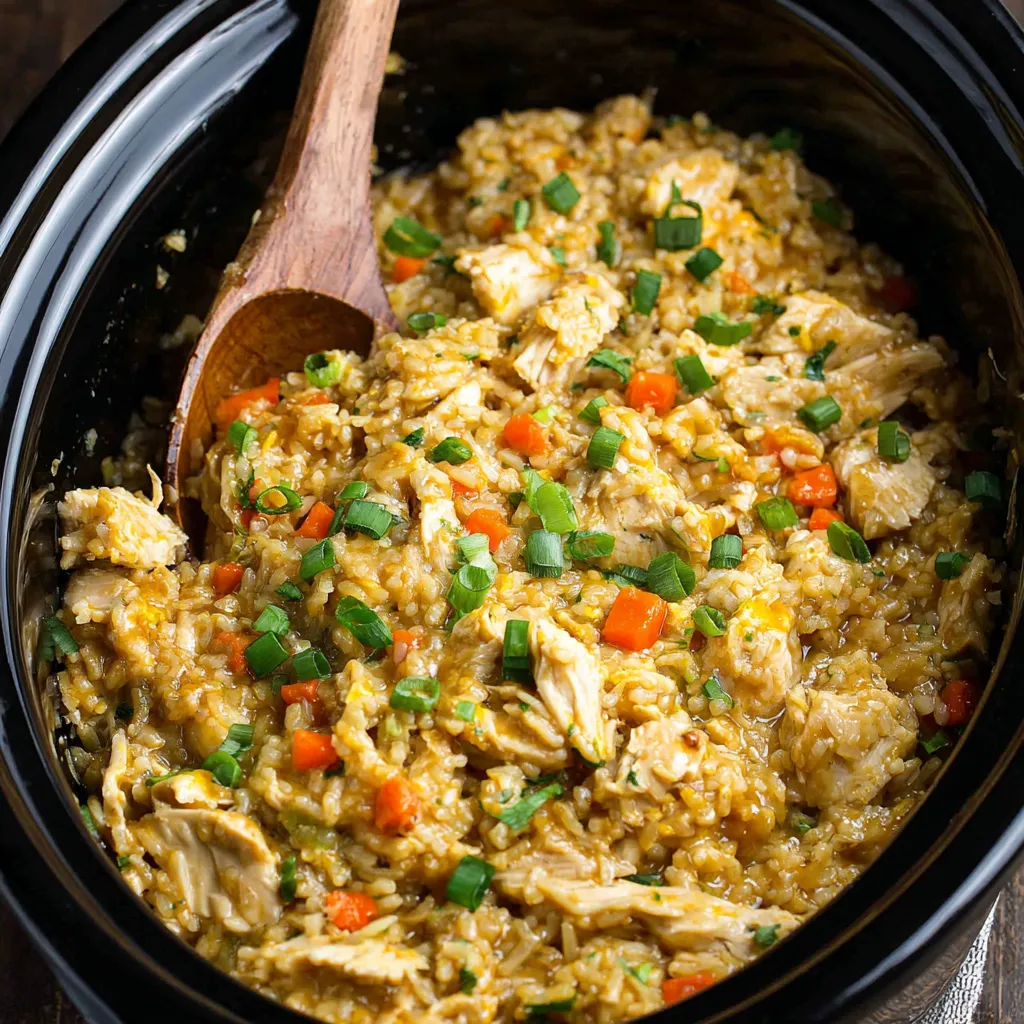 This image shows a close-up of the finished Crockpot Chicken Fried Rice, highlighting the fluffy rice, tender chicken, and colorful vegetables.