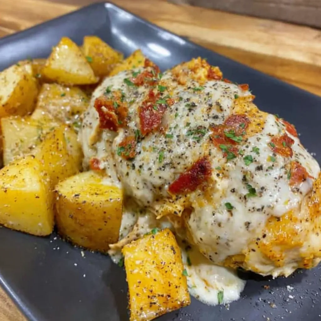 Easy crockpot garlic parmesan chicken and potatoes is shown in a serving bowl, ready to eat, offering a close-up view of the delicious and simple meal.