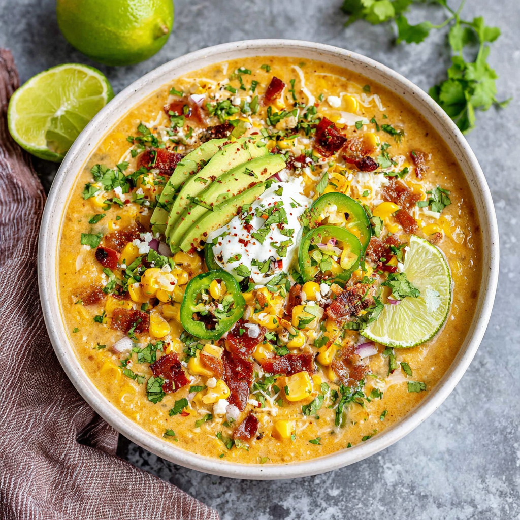 Easy Mexican Street Corn Soup simmering in a crockpot makes a delicious and simple dinner.