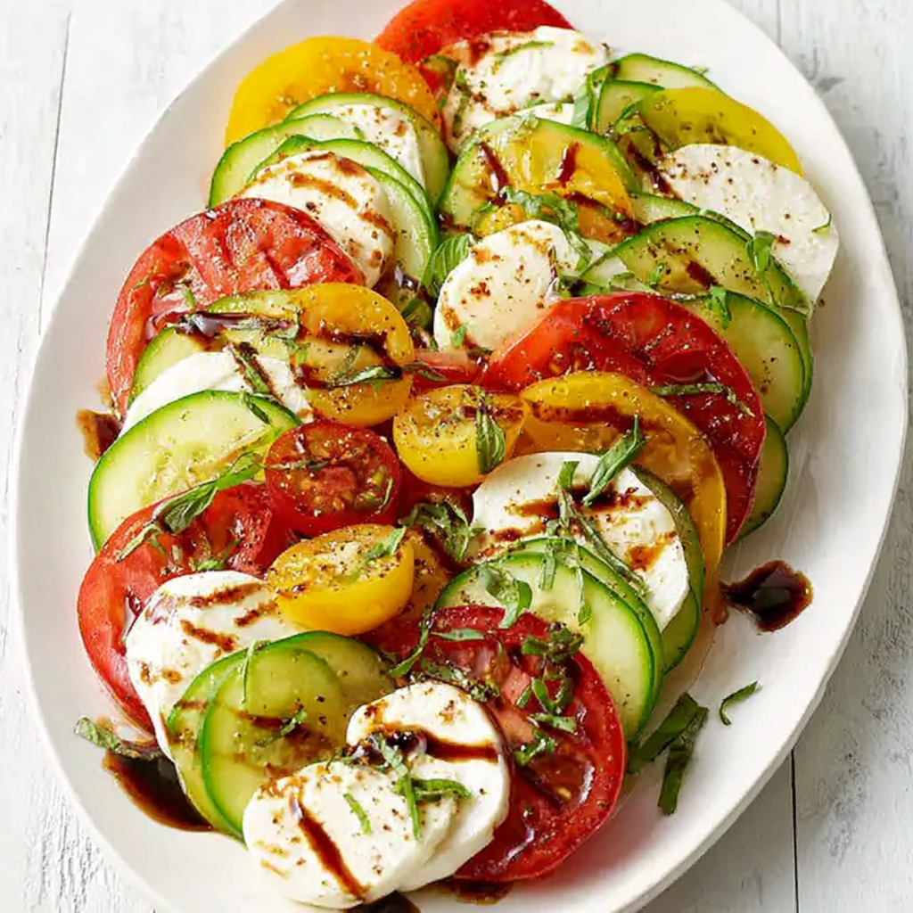 Cucumber Caprese salad provides a refreshing and easy summer appetizer.