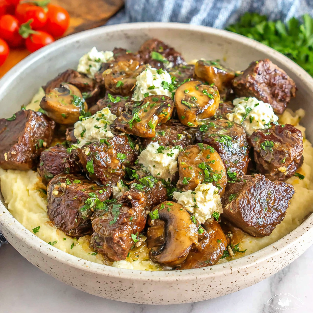 Easy high protein slow cooker garlic butter beef bites are shown in a second appetizing image.