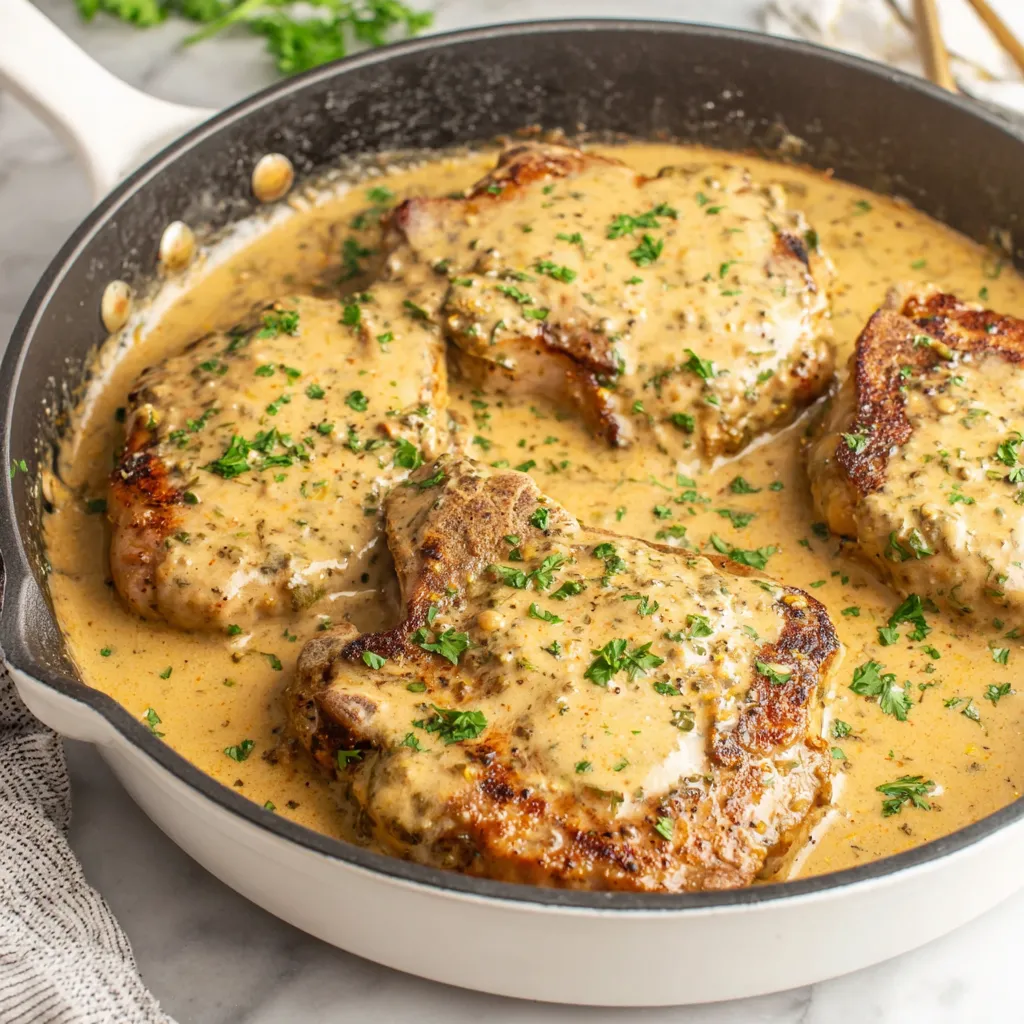 Creamy Garlic Parmesan Pork Chops Recipe Creamy slow cooker pork chops with garlic parmesan sauce are pictured in a close-up shot, showcasing the tender meat and rich, flavorful sauce.