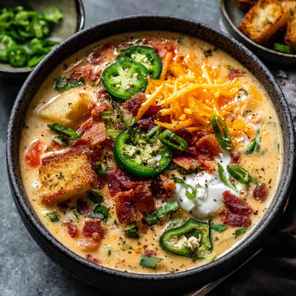 Creamy Jalapeno Popper Soup is shown in a close-up, showcasing its rich texture and vibrant color.