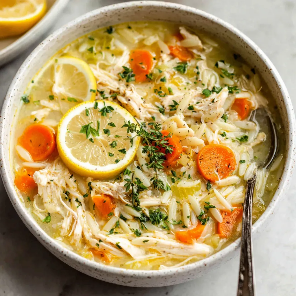 Creamy Lemon Chicken Orzo Soup is showcased in a second enticing image, highlighting its comforting texture and vibrant ingredients.