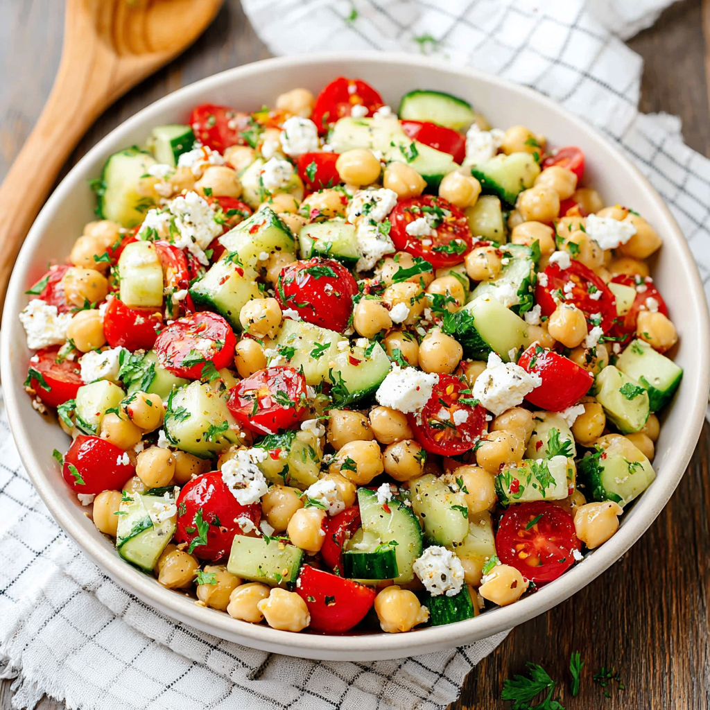Chickpea cucumber salad with feta and tomatoes is shown in a close-up shot.