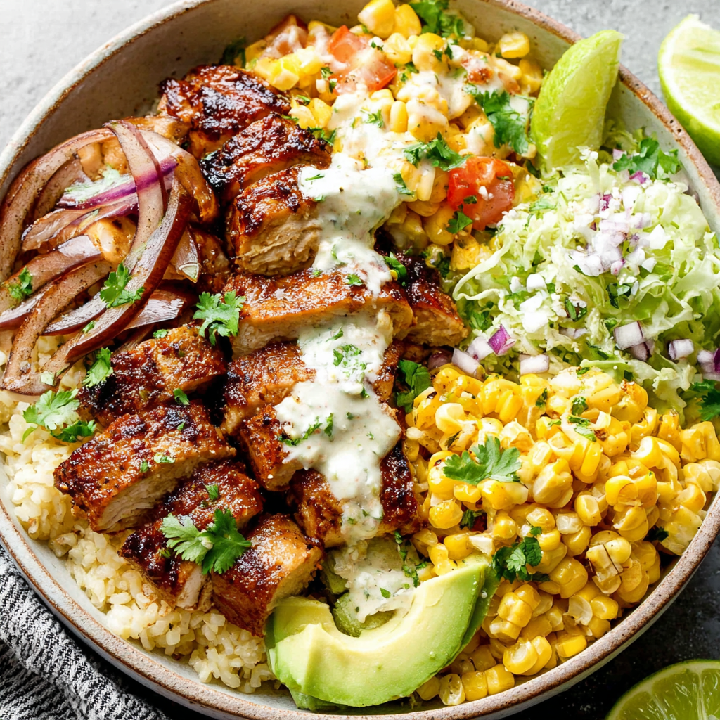 Street corn chicken bowl recipe image showcasing the vibrant and delicious ingredients in a close-up shot.