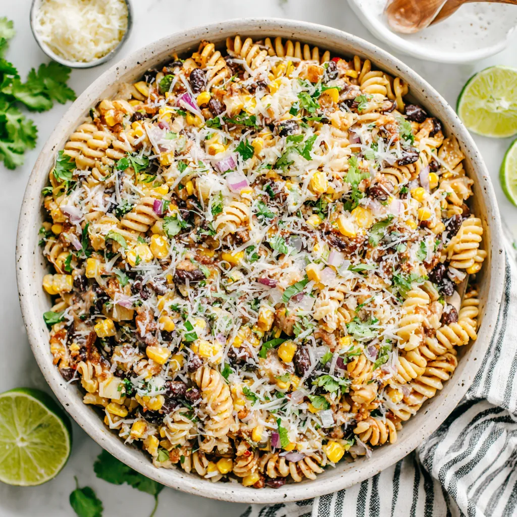 Enjoy a vibrant and flavorful Mexican street corn pasta salad ready in just 30 minutes, as shown in this enticing close-up.