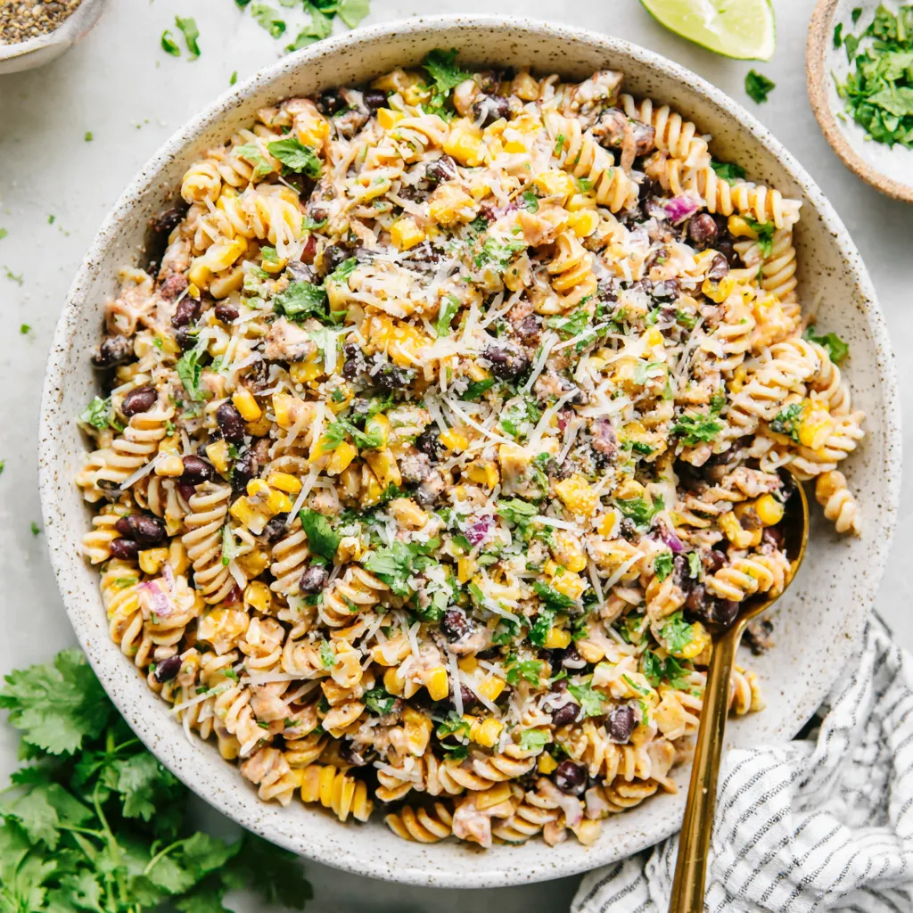 Street corn pasta salad showcases a vibrant summer side dish with charred corn kernels, colorful vegetables, and creamy dressing.
