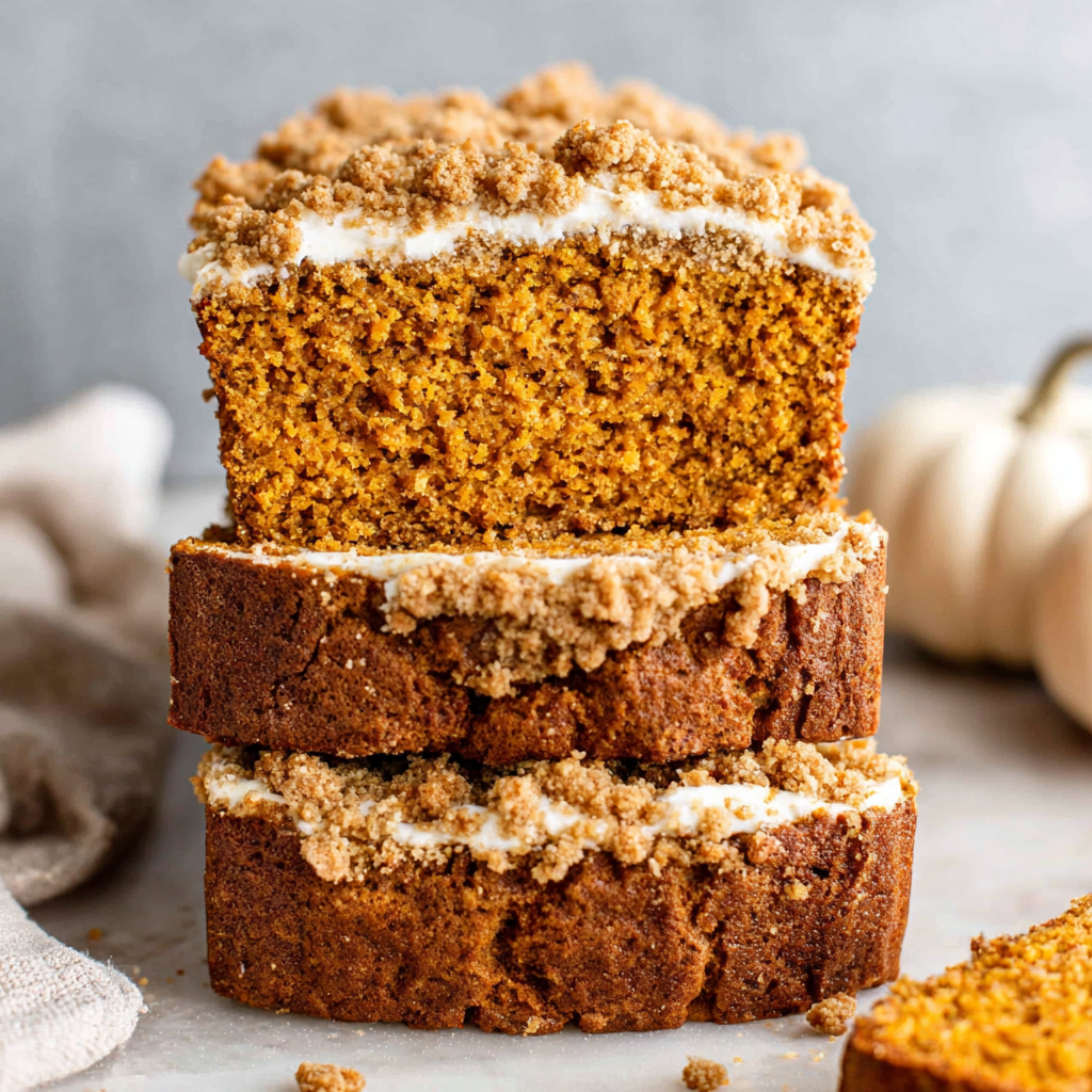 Close-up of a freshly baked loaf of easy pumpkin bread with a golden crumb topping, showcasing its moist texture and inviting aroma.