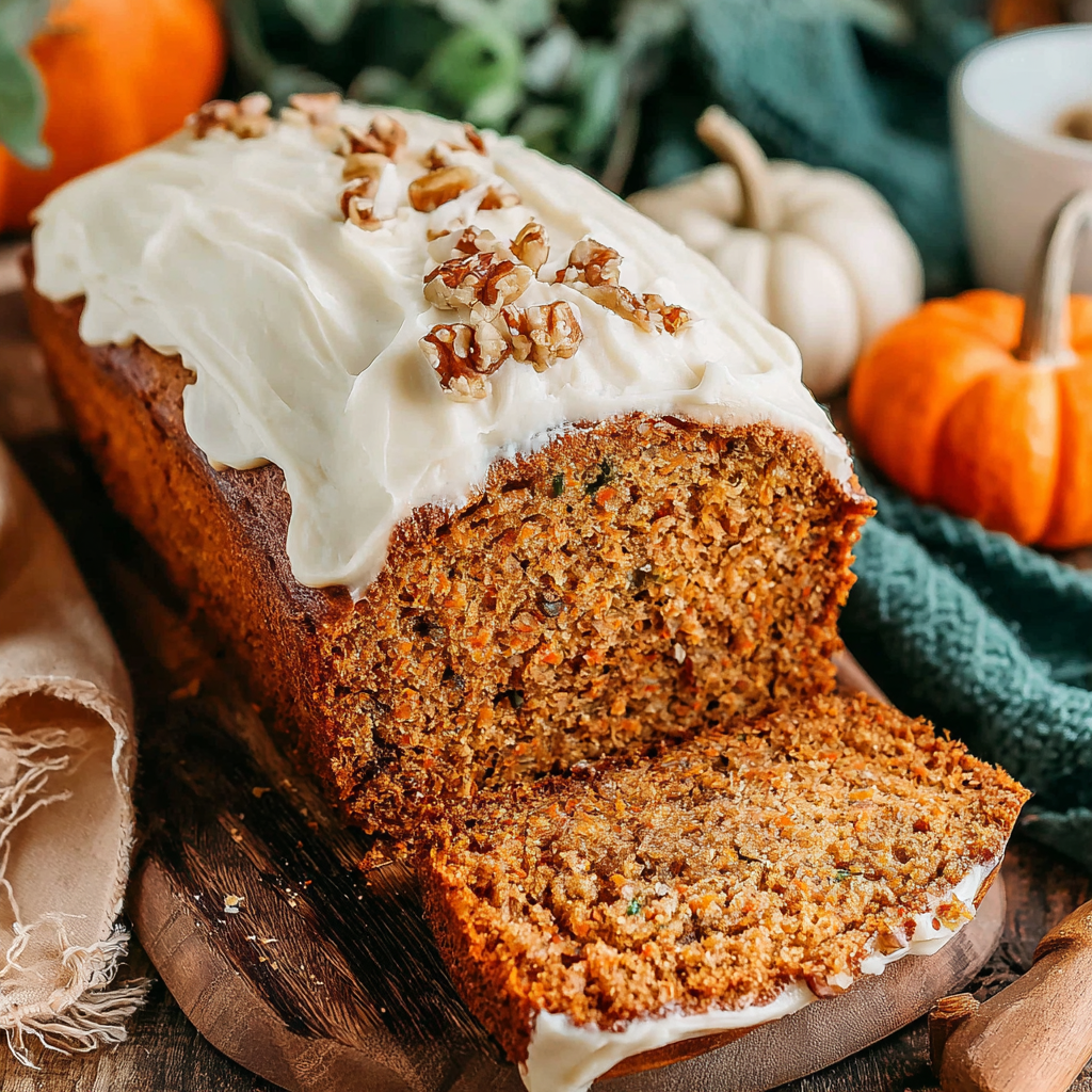 A close-up view of a slice of pumpkin bread with cream cheese frosting, enticing readers to try this delicious recipe.
