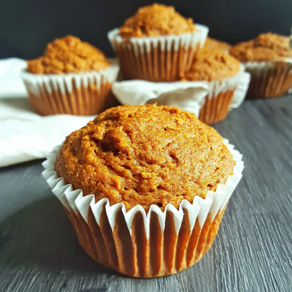 Close-up view of a moist Greek yogurt pumpkin muffin showcasing its texture and inviting appearance.