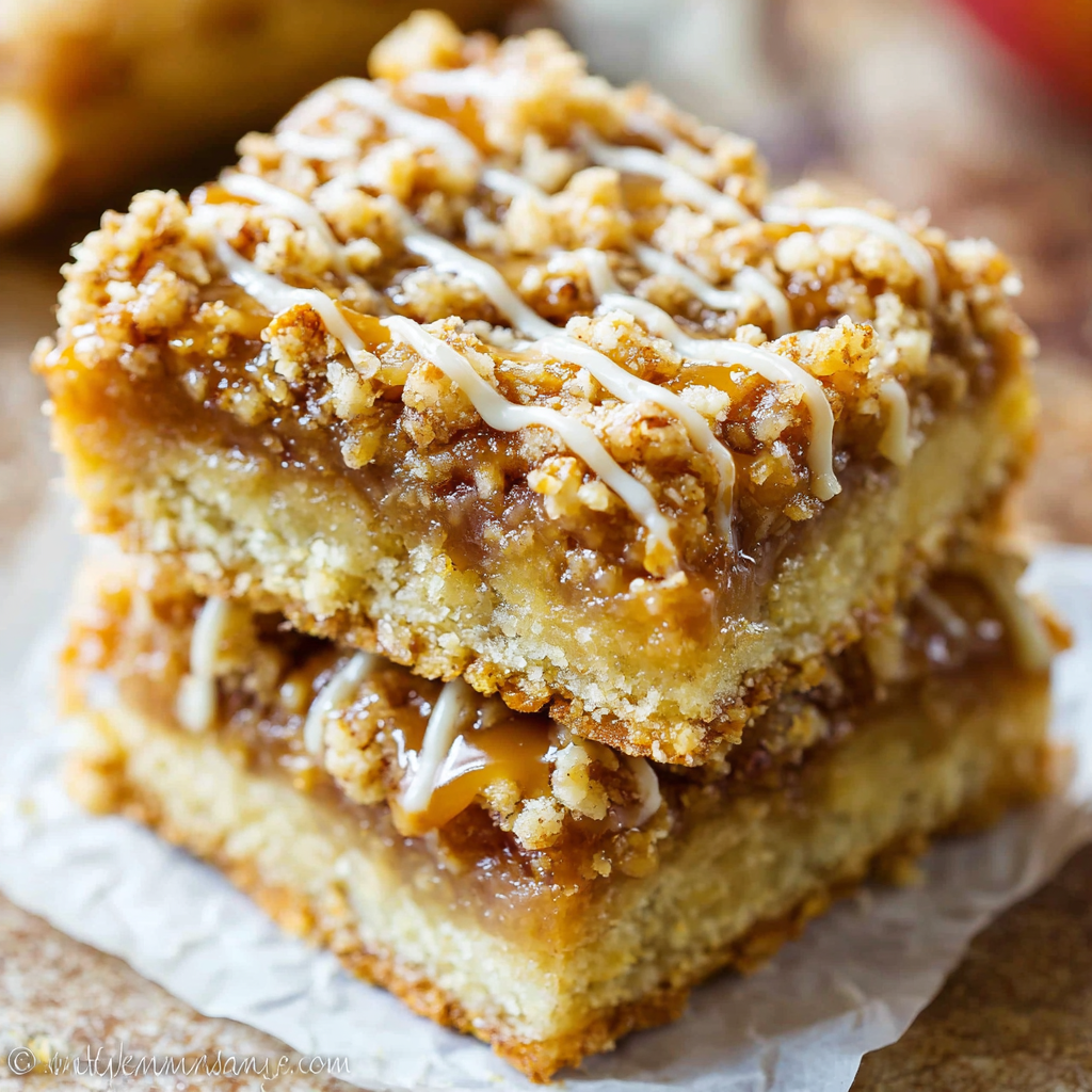 Close-up of delicious homemade salted caramel apple bars showcasing their layered texture and golden-brown crust, perfect for a fall dessert.