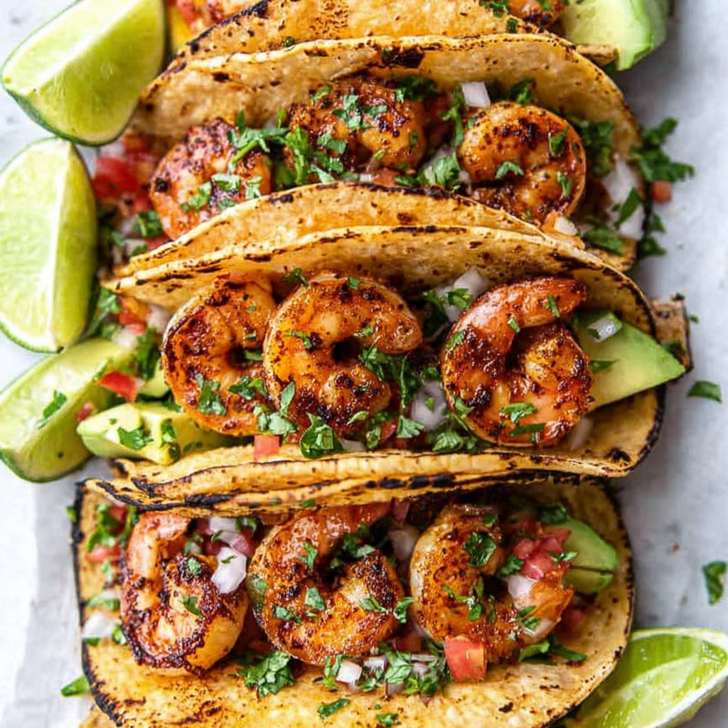 Easy shrimp tacos with fresh toppings are ready to enjoy in minutes.