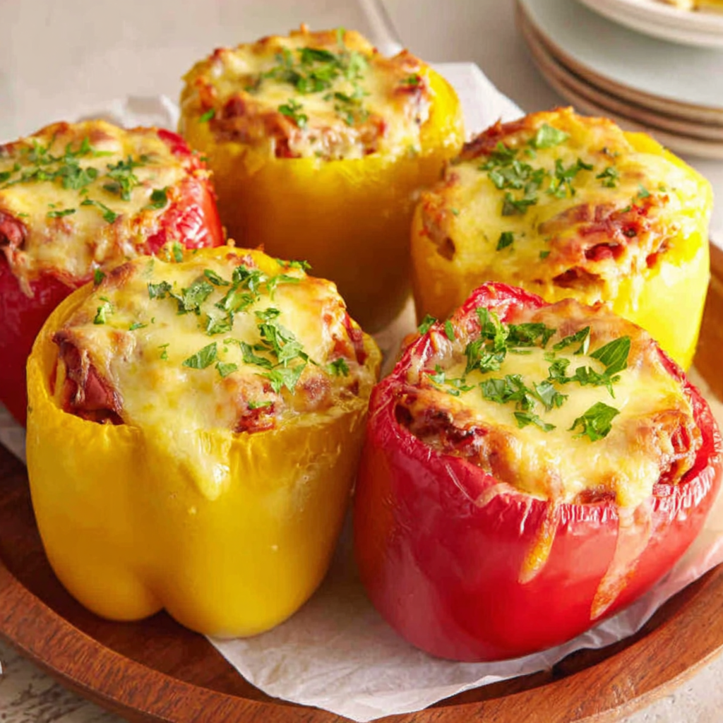 Easy slow cooker stuffed bell peppers are shown in a second image, highlighting their vibrant colors and delicious filling, perfect for a cheap and easy fall meal.