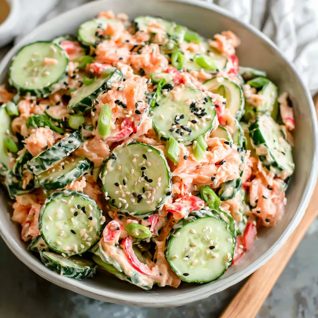 California Roll Cucumber Salad Recipe Close-up view of the refreshing California Roll Cucumber Salad, showcasing its vibrant colors and fresh ingredients.