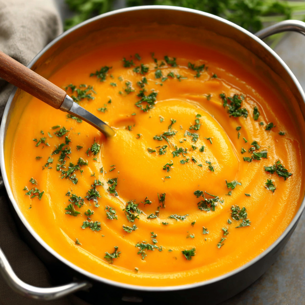 Spicy butternut squash sweet potato soup is shown in a close-up image, highlighting its creamy texture and vibrant color.