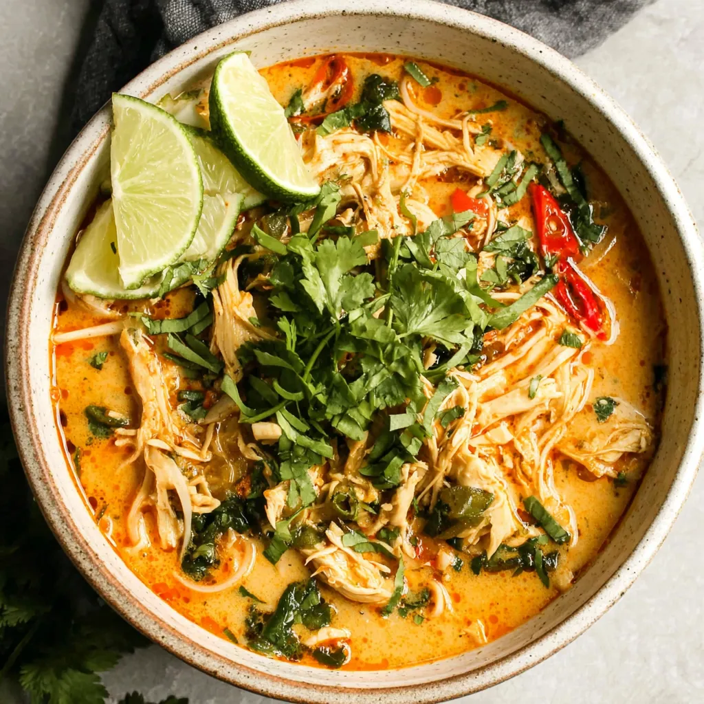 Easy simple Thai chicken soup is pictured as a comforting and flavorful dish perfect for a quick weeknight meal.