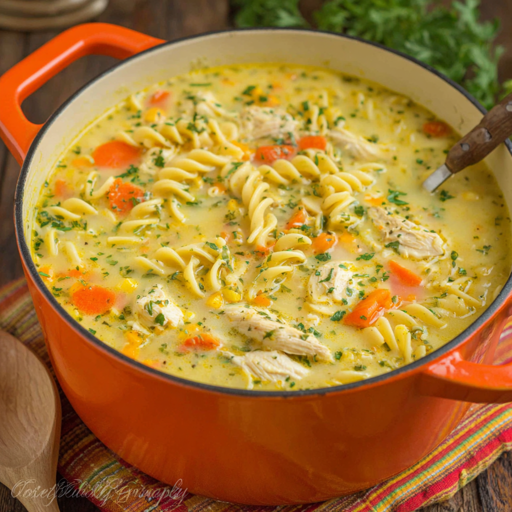 Close-up view of easy creamy chicken noodle soup in a white bowl showcasing its rich texture and ingredients.