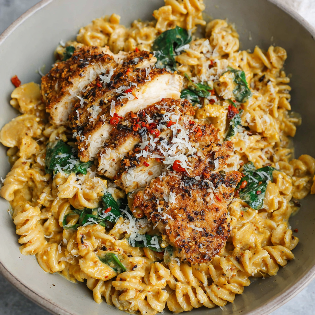 Creamy parmesan chicken pasta dish served in a white bowl showing the delicious sauce and tender chicken.