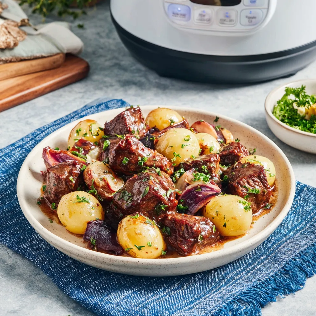 Slow cooker garlic butter beef bites and potatoes are shown cooked and ready to eat in a content image.