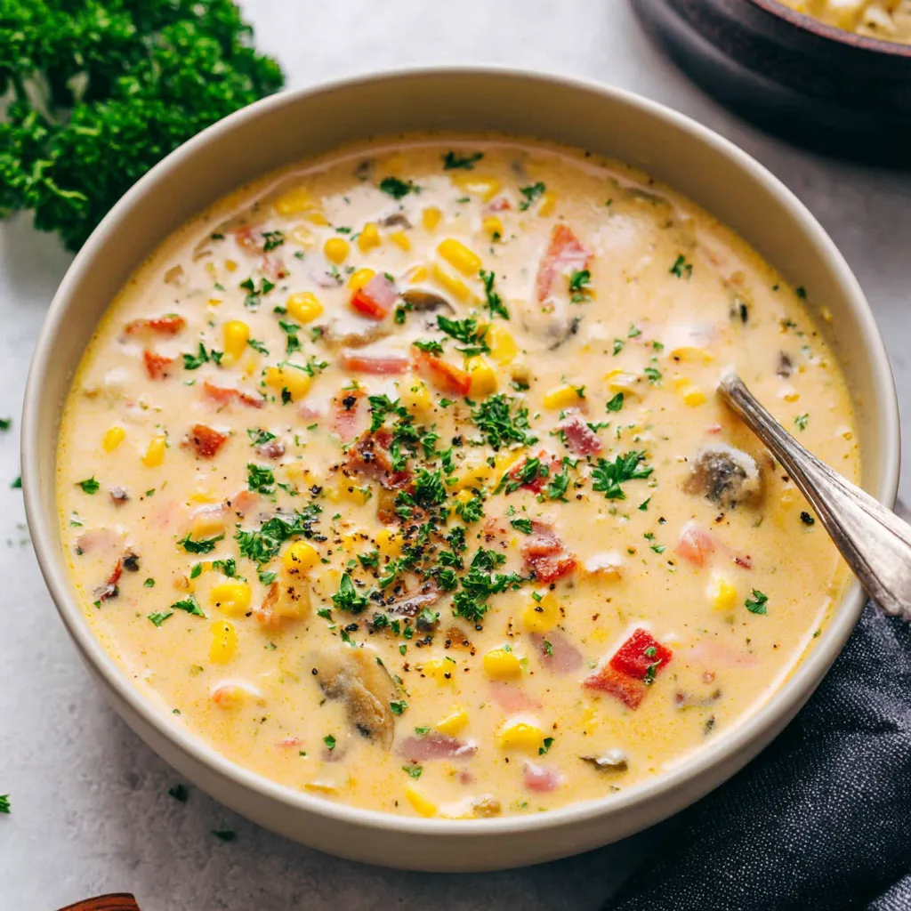 Easy creamy vegetable soup image showing a close-up of the finished soup in a bowl, highlighting its creamy texture and colorful vegetables.