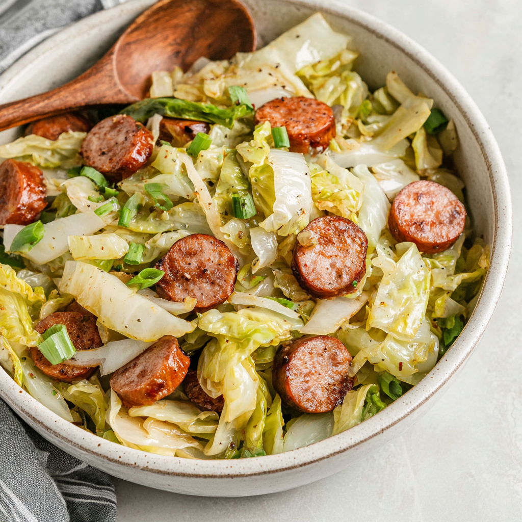Quick sausage and cabbage stir fry in a wok, showcasing the easy 30-minute recipe.