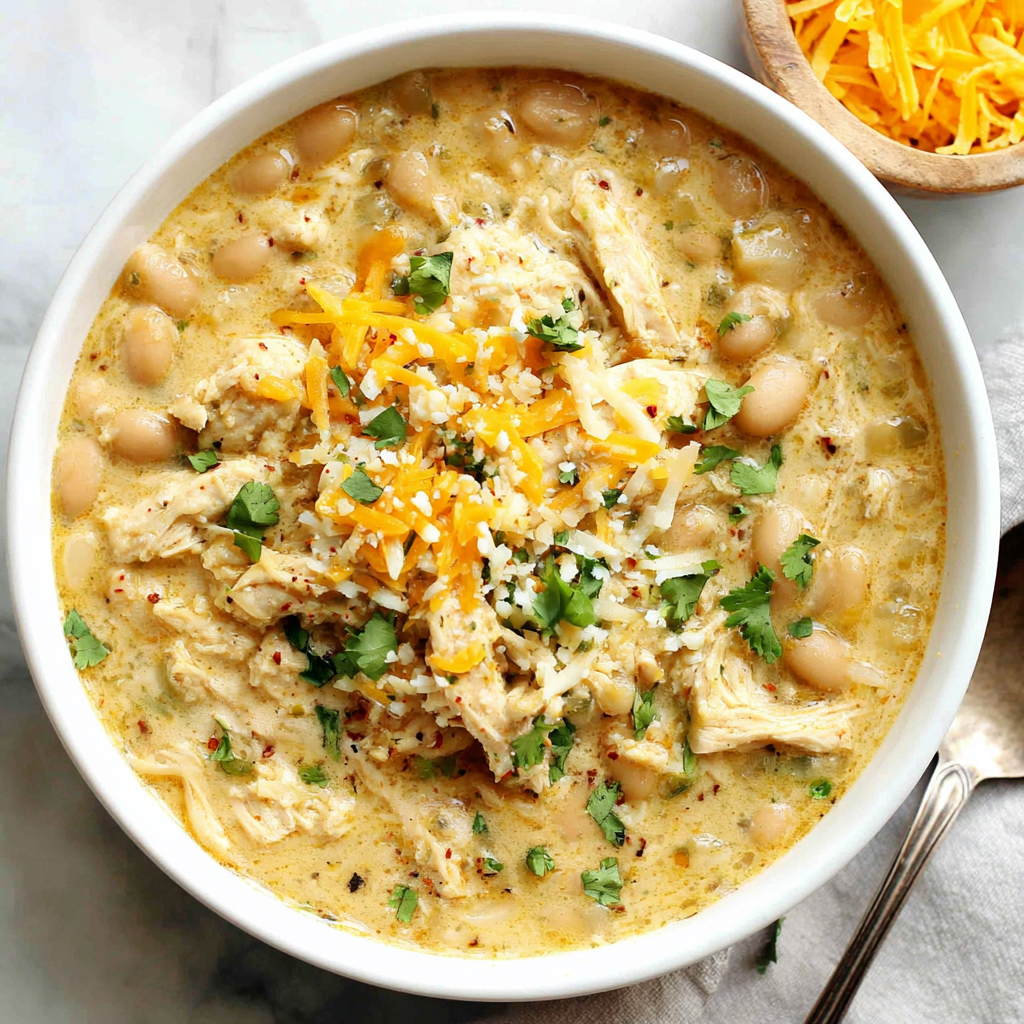 Easy white chicken chili, ready in 30 minutes, is shown in a close-up shot of a creamy, comforting bowl topped with cilantro and a lime wedge.