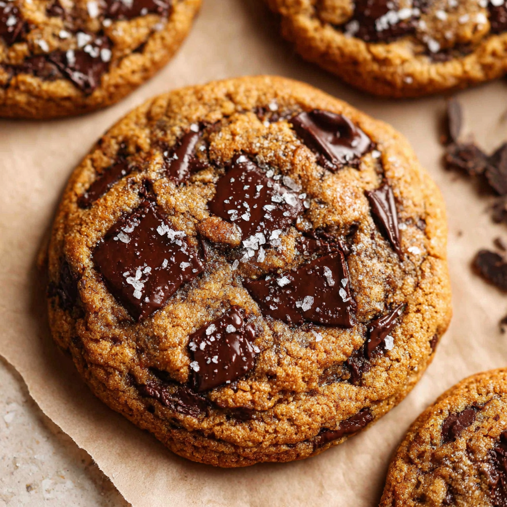 Close-up of golden brown butter pumpkin chocolate chip cookies showcasing their texture and inviting autumn flavors.