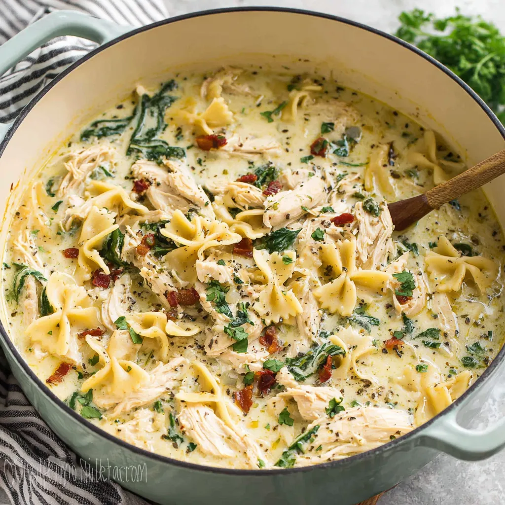 Creamy white chicken lasagna soup in a white bowl showcases a delicious and comforting meal perfect for a cozy dinner.