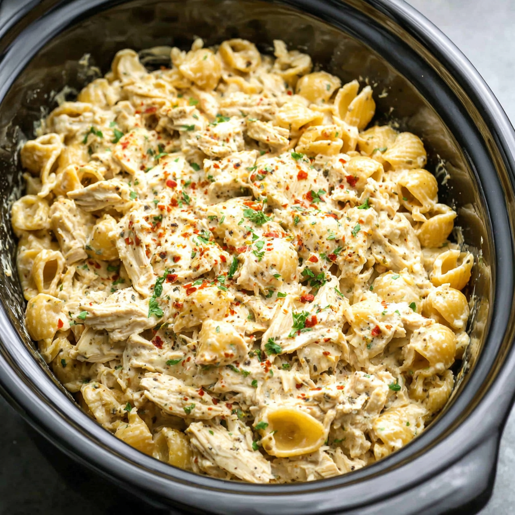 Easy Crockpot Garlic Parmesan Chicken Pasta is a delicious and simple meal perfect for a weeknight dinner, showcasing the finished dish in a slow cooker.