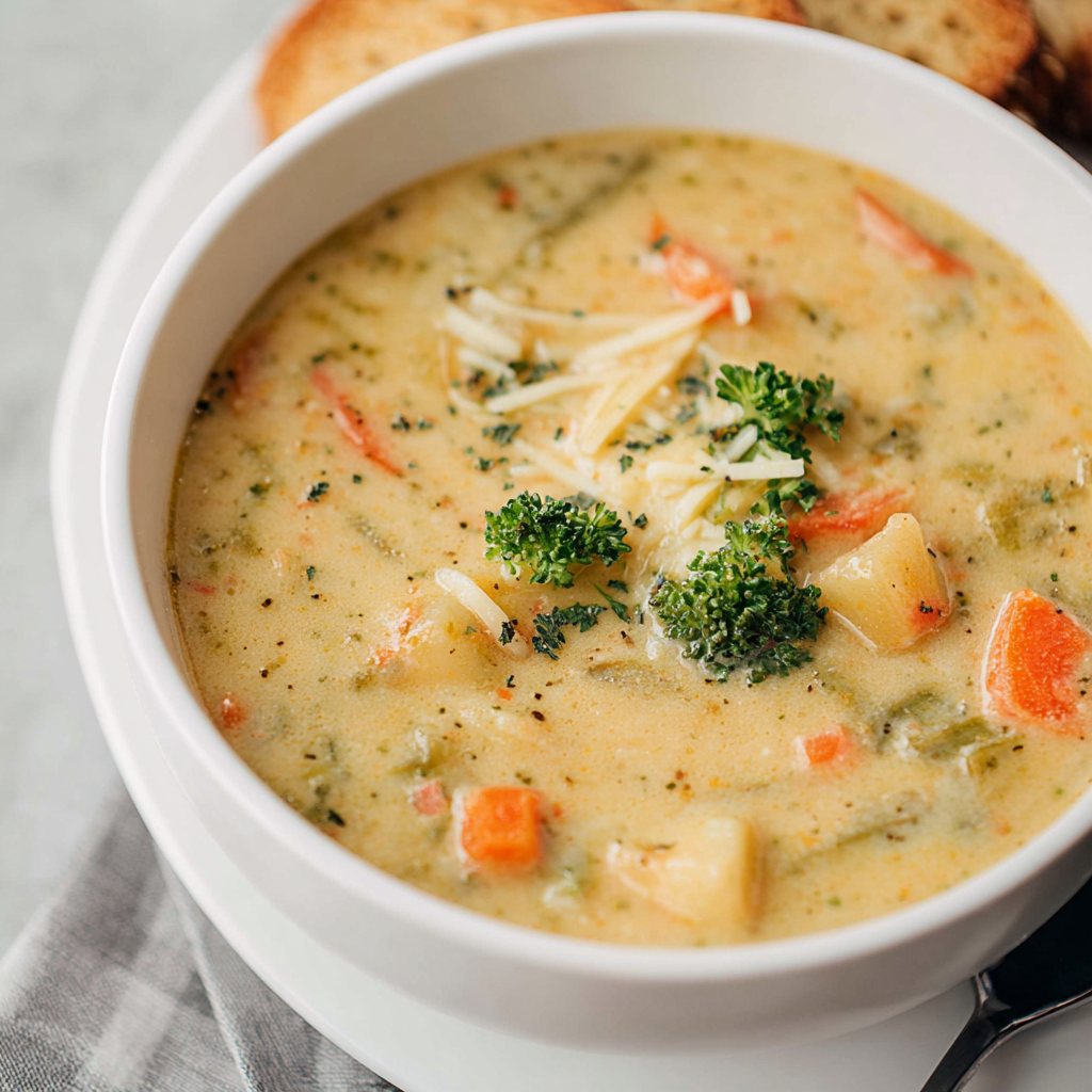 Easy creamy vegetable soup is shown as a featured image, highlighting its vibrant colors and inviting texture for a comforting and simple meal.