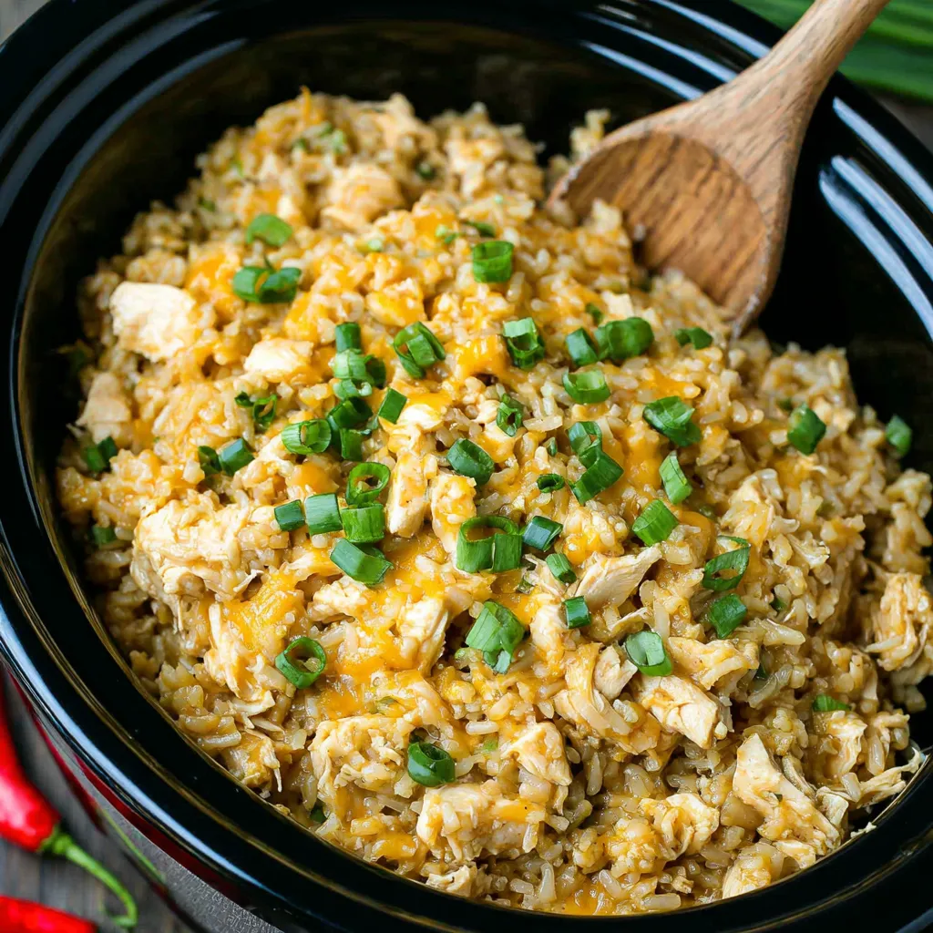 Easy Crockpot Chicken Fried Rice is shown in a vibrant and appetizing image, perfect for a quick and delicious weeknight meal.