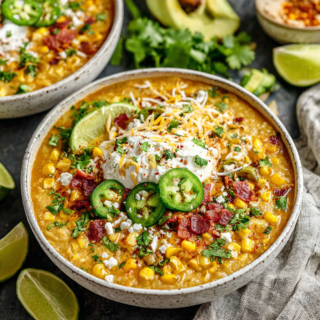 Creamy and delicious Mexican Street Corn Soup simmers in a crockpot, promising an easy and flavorful dinner.