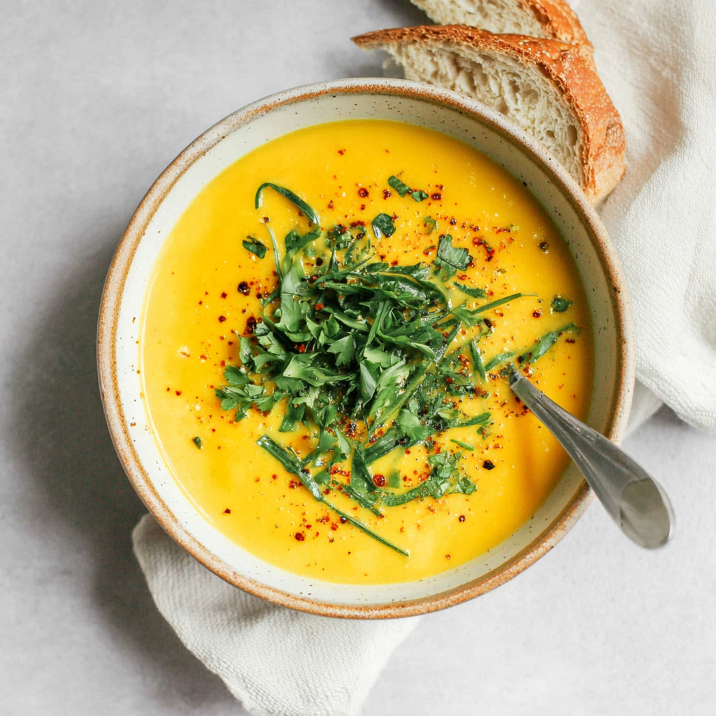 Creamy garlic chickpea soup in a white bowl is garnished with fresh herbs, showcasing its dreamy and easy preparation.