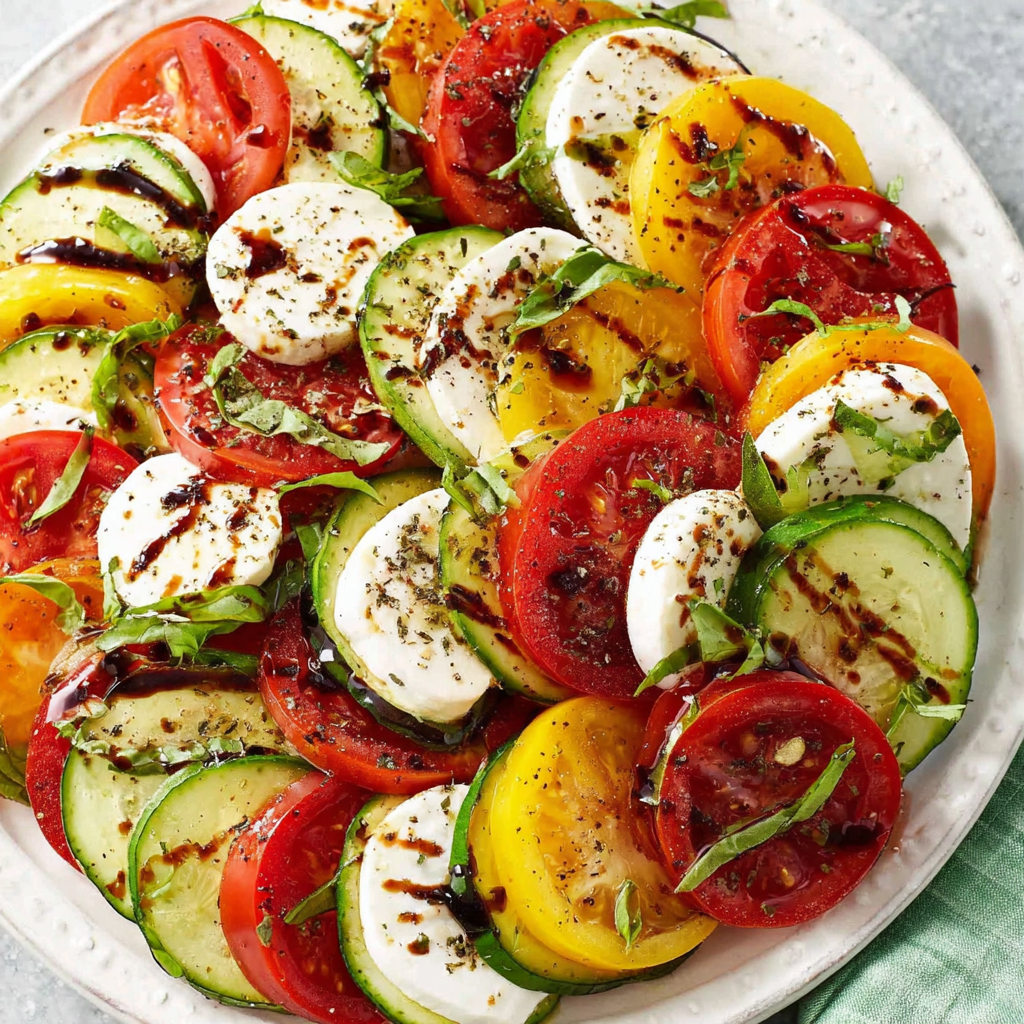 Easy Cucumber Caprese Salad featuring fresh cucumbers, juicy tomatoes, creamy mozzarella, and fragrant basil makes a refreshing summer delight.