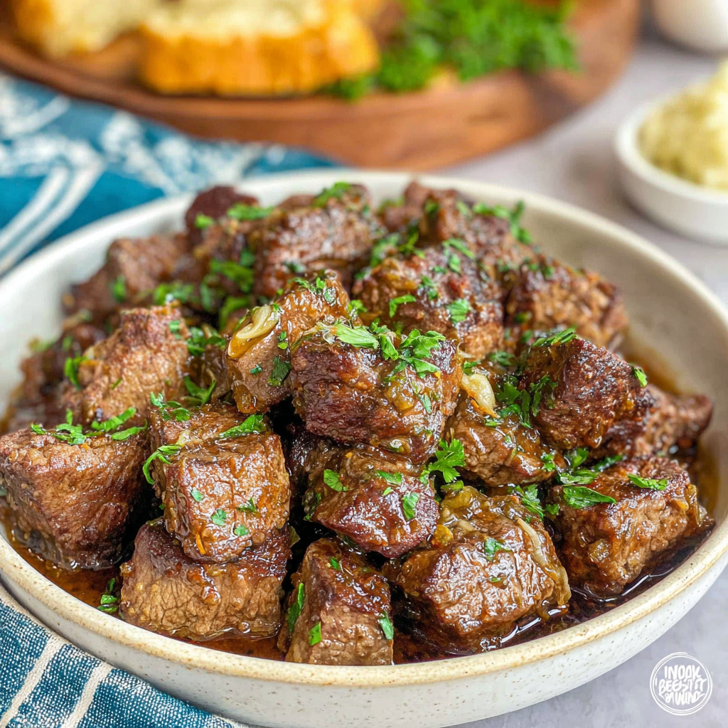 Easy high protein slow cooker garlic butter beef bites are pictured as a delicious and convenient meal option.