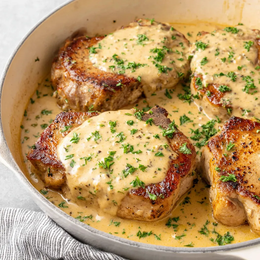 Creamy slow cooker pork chops with garlic parmesan sauce are a delicious and easy dinner recipe perfect for a comforting meal.