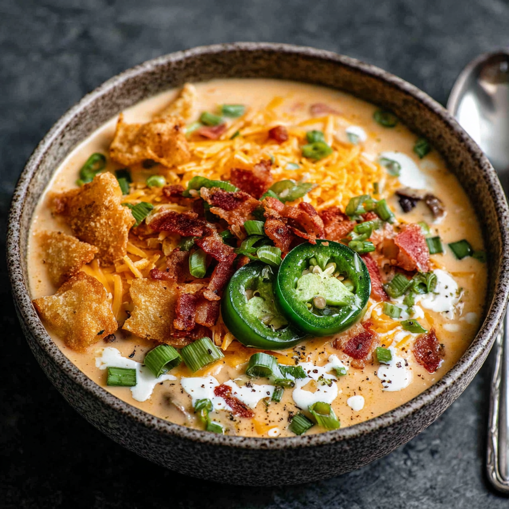 Creamy jalapeno popper soup is shown in a bowl, garnished with bacon and jalapenos, perfect for a comforting and flavorful meal.