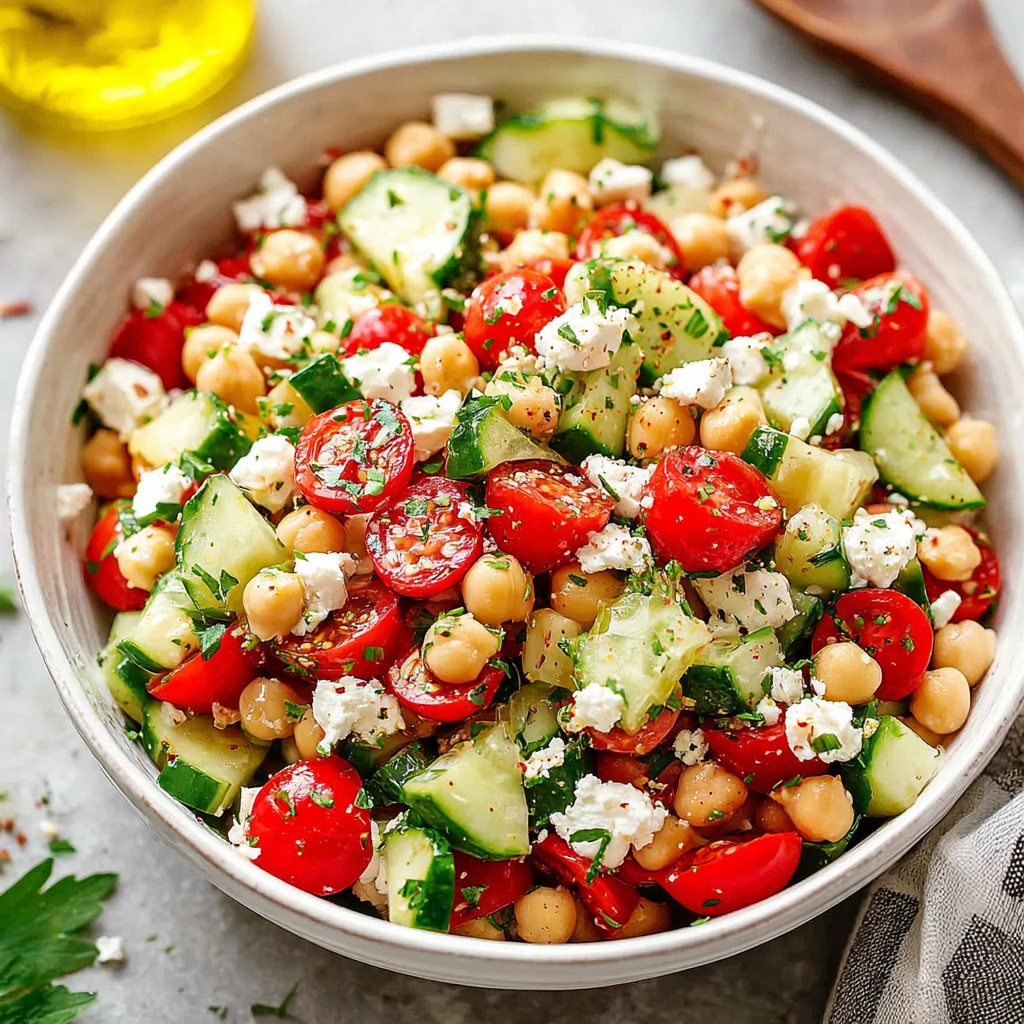 A vibrant chickpea cucumber salad with feta and tomatoes is beautifully displayed, showcasing the fresh ingredients and appealing presentation of this delicious and healthy recipe.